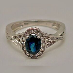 HIGH END SZ7 Estate genuine Montana teal sapphire & Diamond halo 925 ring GORG!